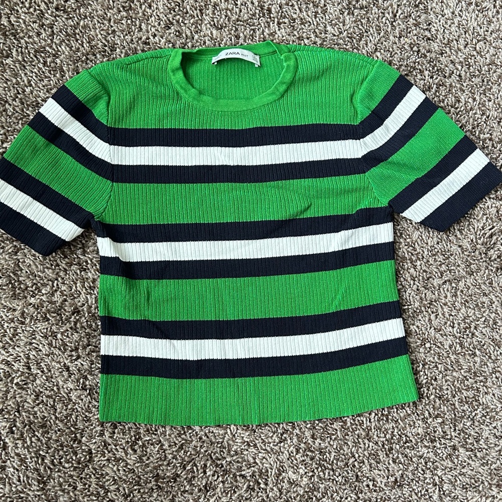 Zara  Green Striped Shirt Crop